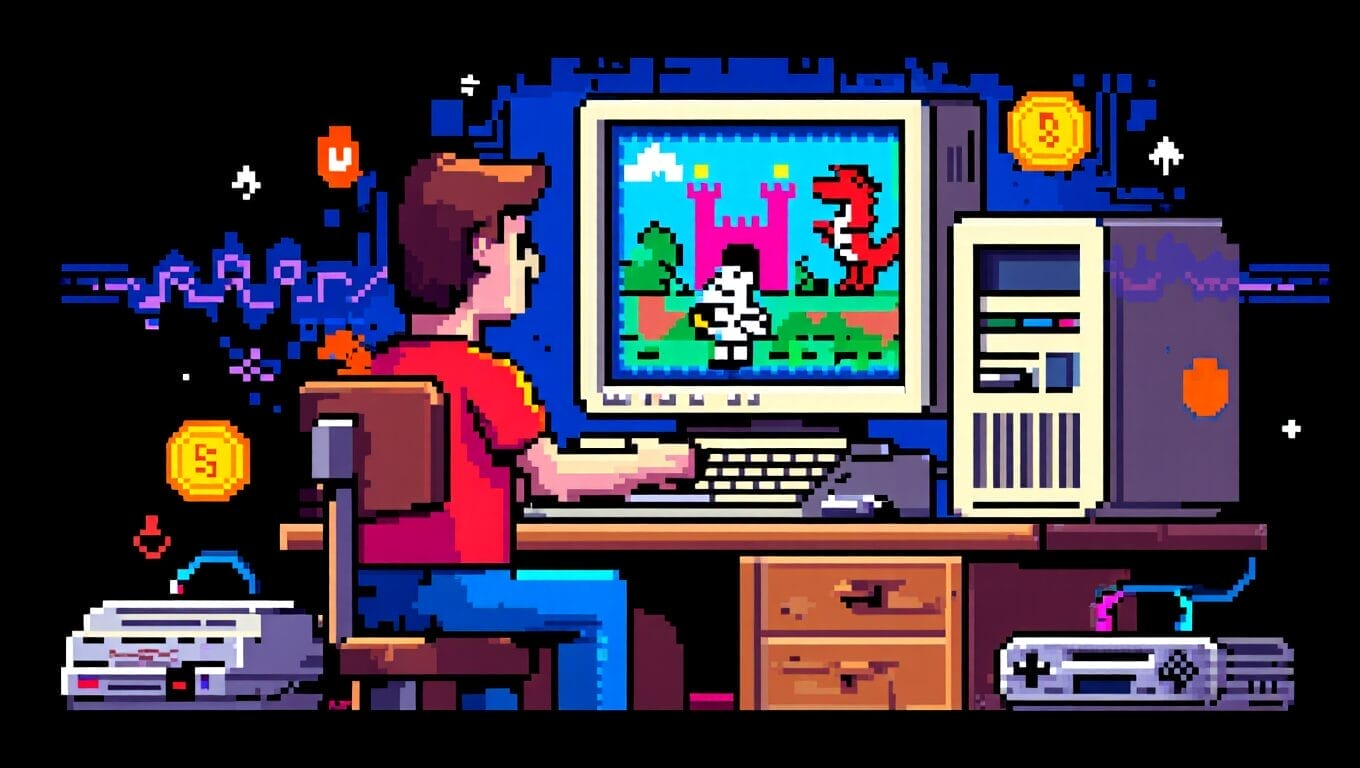 A person sits at a desk using a vintage computer to play a retro-style indie game featuring pixel art of a knight and a red dragon, with gaming accessories and icons scattered around the room.