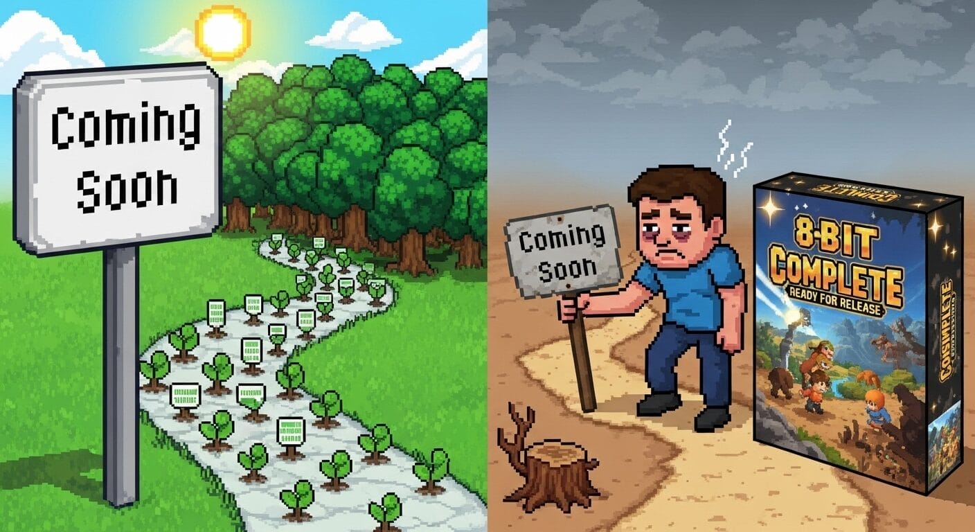 30 Biggest Indie Game Launch Mistakes: Split image: left shows a lush pixel art scene with "Coming Soon" sign and sprouts; right reveals barren land, a sad man, and an "8-Bit Complete" game box—spotlighting indie game launch mistakes.