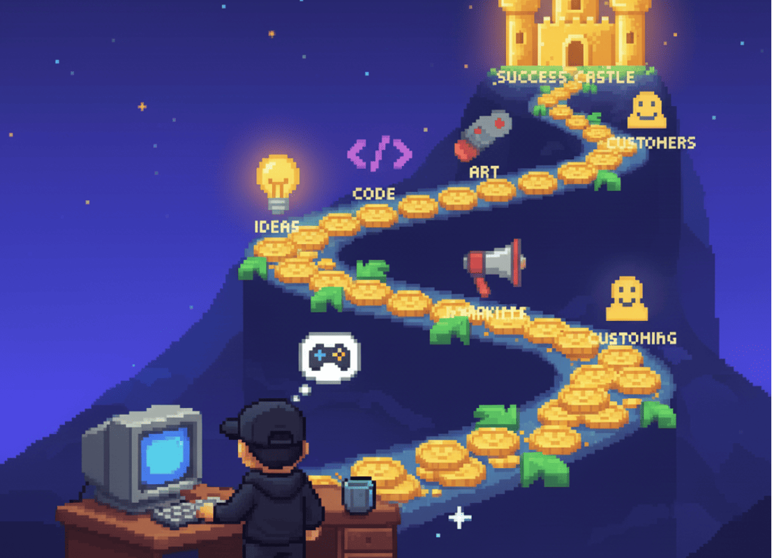 A person at a computer faces a winding gold coin path leading up a mountain to a castle, with signs labeled ideas, code, art, marketing, business blueprint, customers, and success castle.