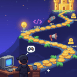 A person at a computer faces a winding gold coin path leading up a mountain to a castle, with signs labeled ideas, code, art, marketing, business blueprint, customers, and success castle.