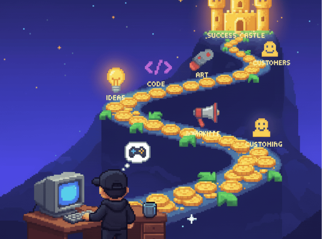 A person at a computer faces a winding gold coin path leading up a mountain to a castle, with signs labeled ideas, code, art, marketing, business blueprint, customers, and success castle.