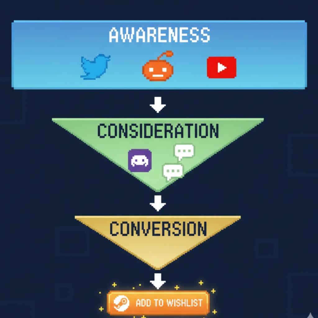 build a thriving indie game studio: A funnel diagram tailored for an indie game studio, displaying three stages: Awareness with social media icons, Consideration with chat icons, and Conversion featuring an "Add to Wishlist" button at the bottom.