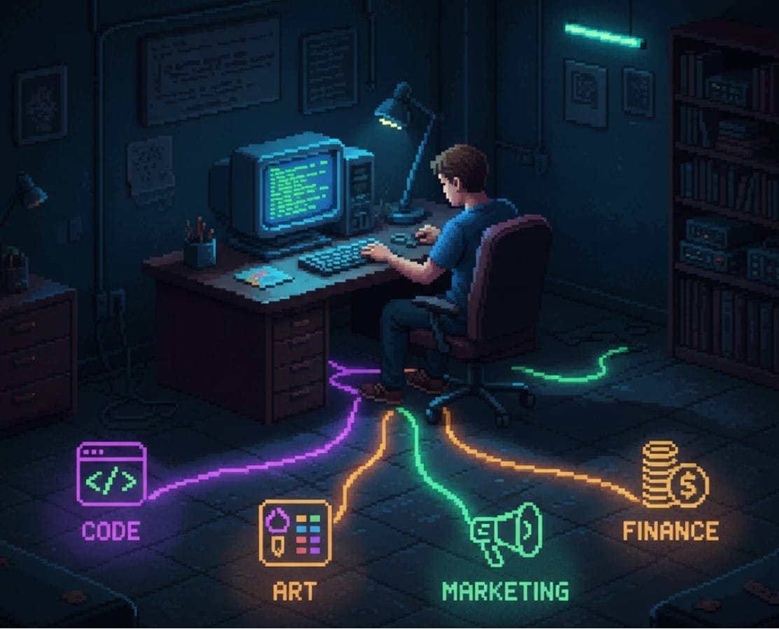 build a thriving indie game studio: An 8-bit pixel art scene of a single developer at a desk in a dark room, with glowing, branching paths of light leading to icons for 'Code', 'Art', 'Marketing', and 'Finance'. The style is retro, 16:9 aspect ratio.