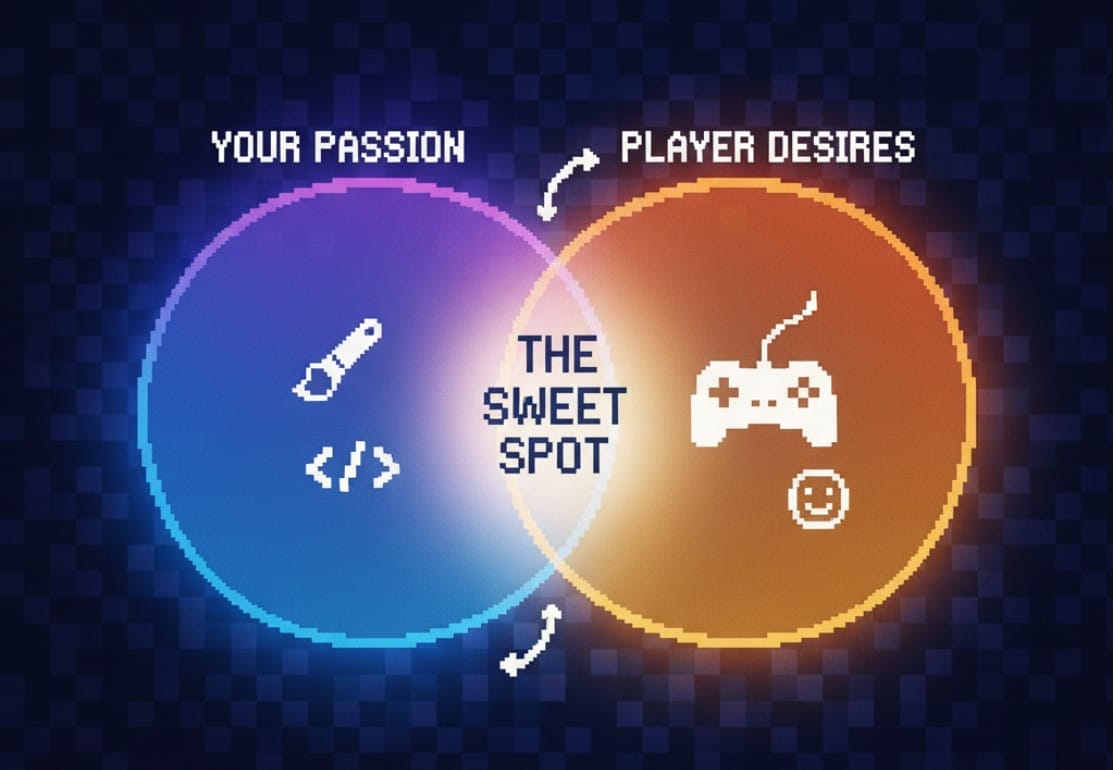 build a thriving indie game studio: A clean, 8-bit pixel art infographic. Two large, glowing circles overlap in the center. The left circle is labeled 'YOUR PASSION' with icons of a paintbrush and code brackets inside. The right circle is labeled 'PLAYER DESIRES' with icons of a controller and a smiley face. The overlapping area glows brighter and is labeled 'THE SWEET SPOT'.