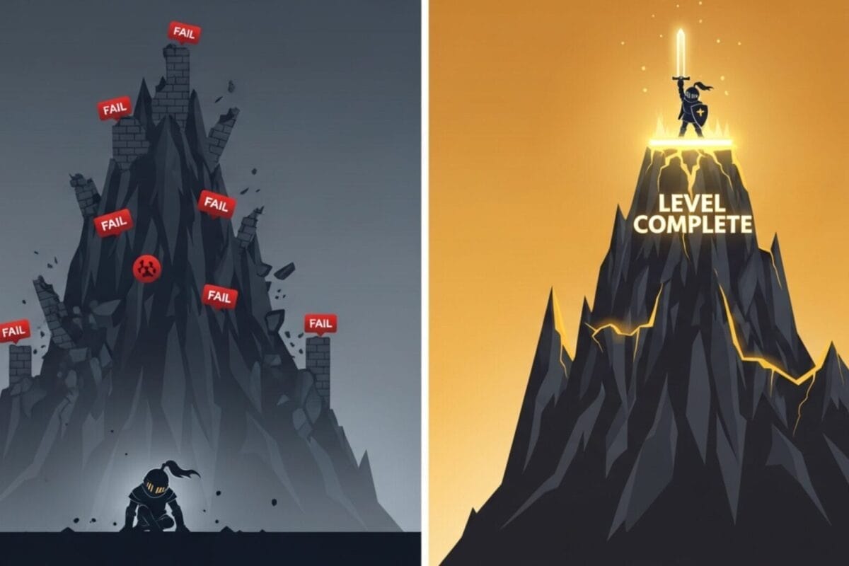Split image: Left shows a person at the base of a crumbling mountain marked "FAIL," illustrating the Game Design Paradox. Right shows the same person atop a glowing peak labeled "LEVEL COMPLETE.