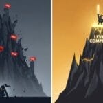 Split image: Left shows a person at the base of a crumbling mountain marked "FAIL," illustrating the Game Design Paradox. Right shows the same person atop a glowing peak labeled "LEVEL COMPLETE.