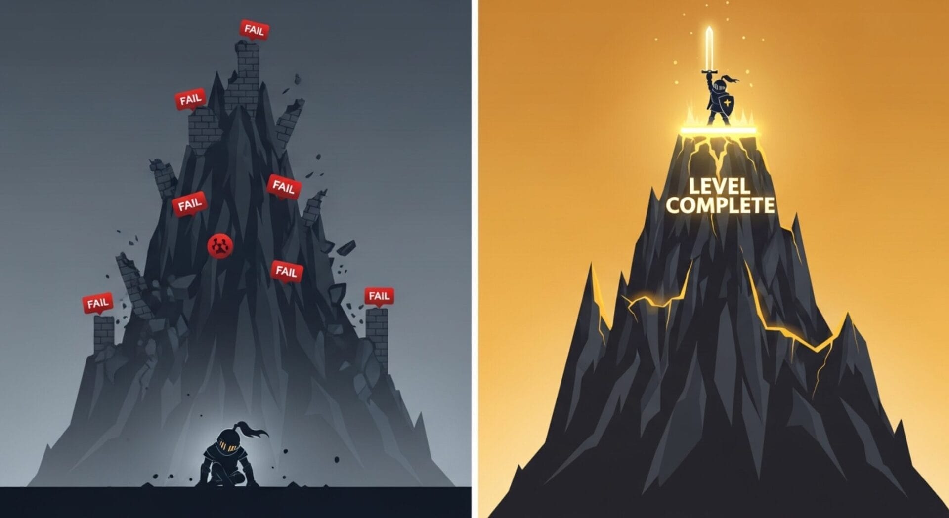Split image: Left shows a person at the base of a crumbling mountain marked "FAIL," illustrating the Game Design Paradox. Right shows the same person atop a glowing peak labeled "LEVEL COMPLETE.