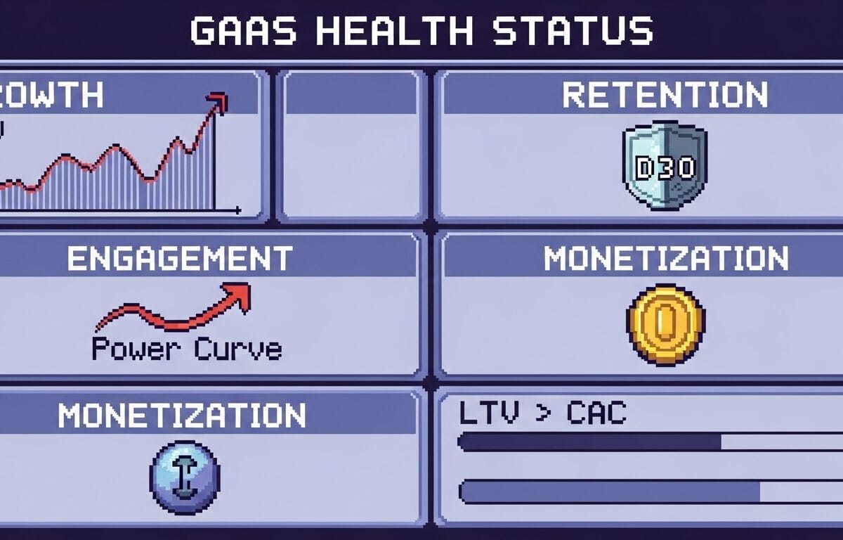 A pixel art dashboard showing Games as a Service (GaaS) ecosystem health, with sections for growth, retention, engagement, and monetization—each visually represented by graphs or icons.