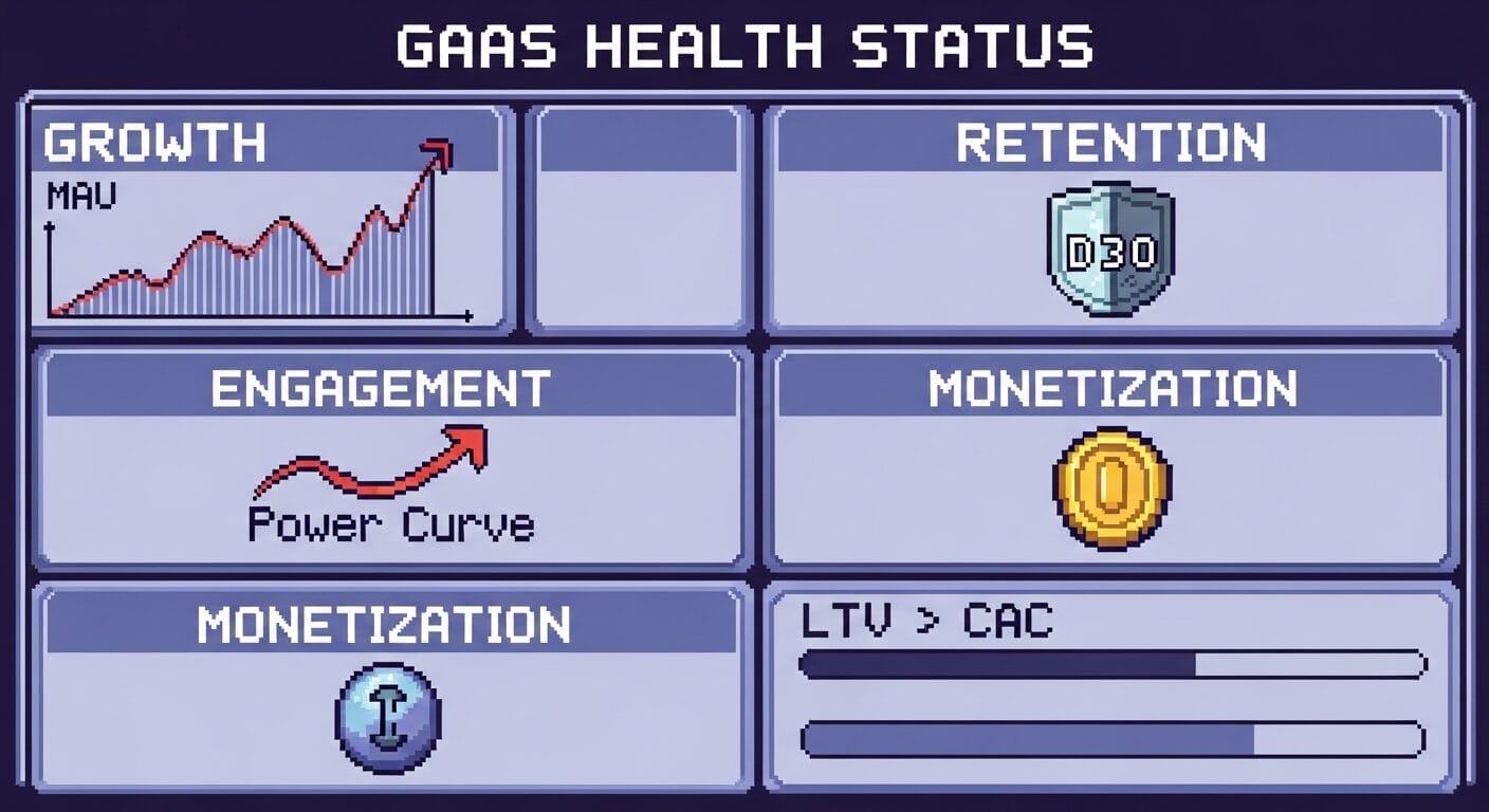 A pixel art dashboard showing Games as a Service (GaaS) ecosystem health, with sections for growth, retention, engagement, and monetization—each visually represented by graphs or icons.