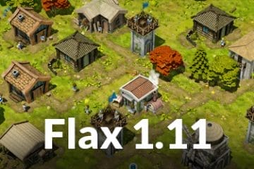 A bird’s-eye view of a medieval village with small buildings and trees, featuring the text "Flax 1.11" prominently over the image, highlights recent game updates that rival top indie Unreal projects.