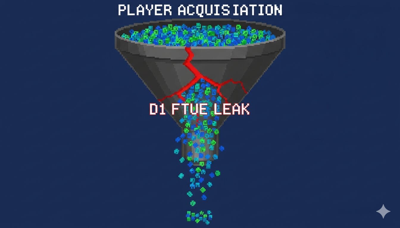 5 GaaS metrics pillars A funnel labeled "Player Acquisition" with blue and green cubes leaking through cracks marked "D1 FTUE Leak," highlighting challenges in GaaS metrics and overall ecosystem health.