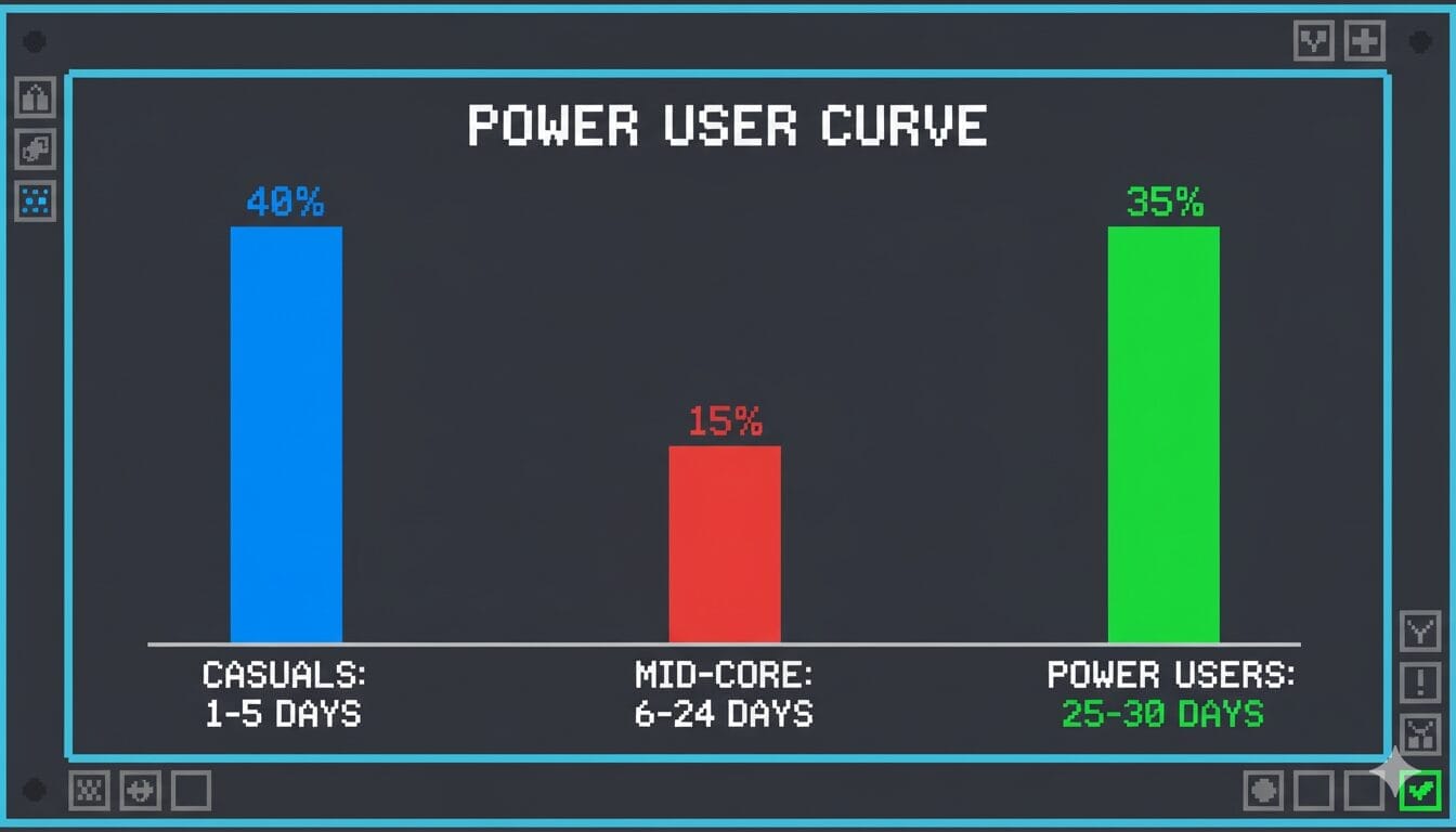5 GaaS metrics pillars Bar chart titled "Power User Curve" highlights key GaaS metrics: 40% casuals (1-5 days), 15% mid-core users (6-24 days), and 35% power users (25-30 days), offering insights into overall ecosystem health.
