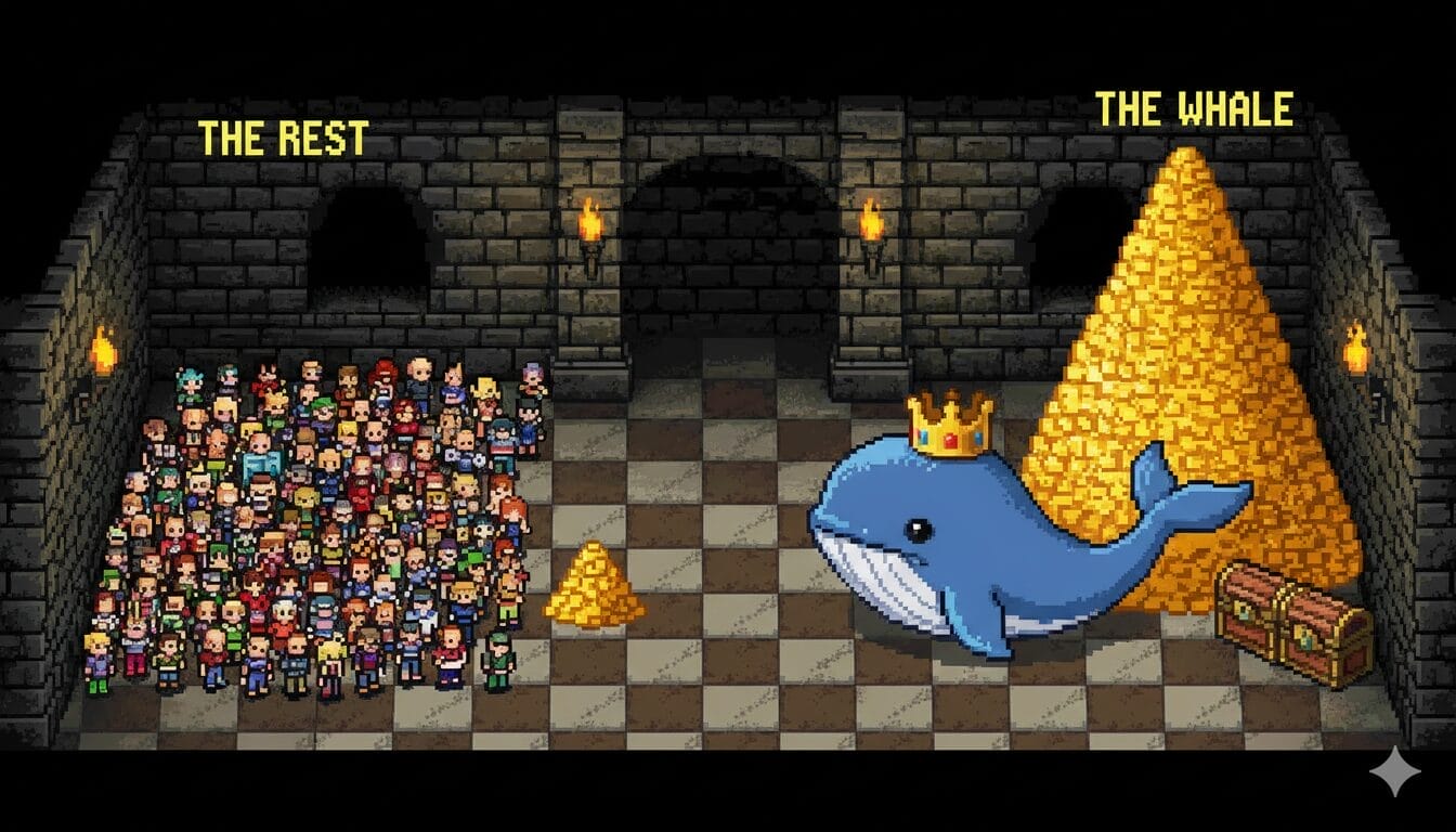 A crowd faces a large crowned whale beside a huge pile of gold in a castle room; the crowd has a small gold pile. Labels read "THE REST" above the crowd and "THE WHALE" above the whale, highlighting Games as a Service ecosystem health.