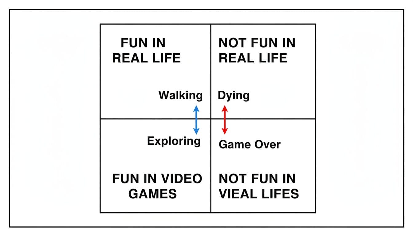 A 2x2 matrix comparing "Fun in Real Life" vs. "Fun in Video Games," showing how "Dying" becomes "Game Over" and "Walking" becomes "Exploring."