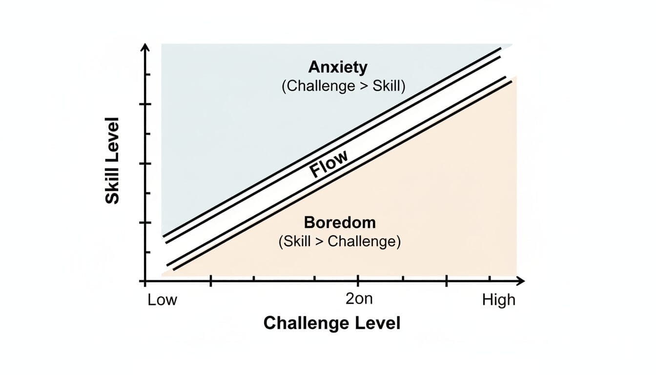 A graph of Mihaly Csikszentmihalyi's flow theory, showing the "flow channel" as the ideal balance between skill and challenge.