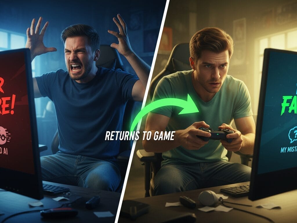 A diagram showing two types of player failure: "Unfair Failure" leads to quitting, while "Fair Failure" leads to learning and returning.