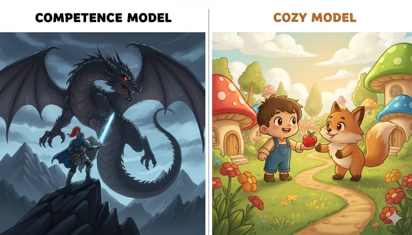 A split-screen image contrasting a high-stakes "competence" game (knight vs. dragon) with a low-stakes "cozy" game (villager and animal friend).