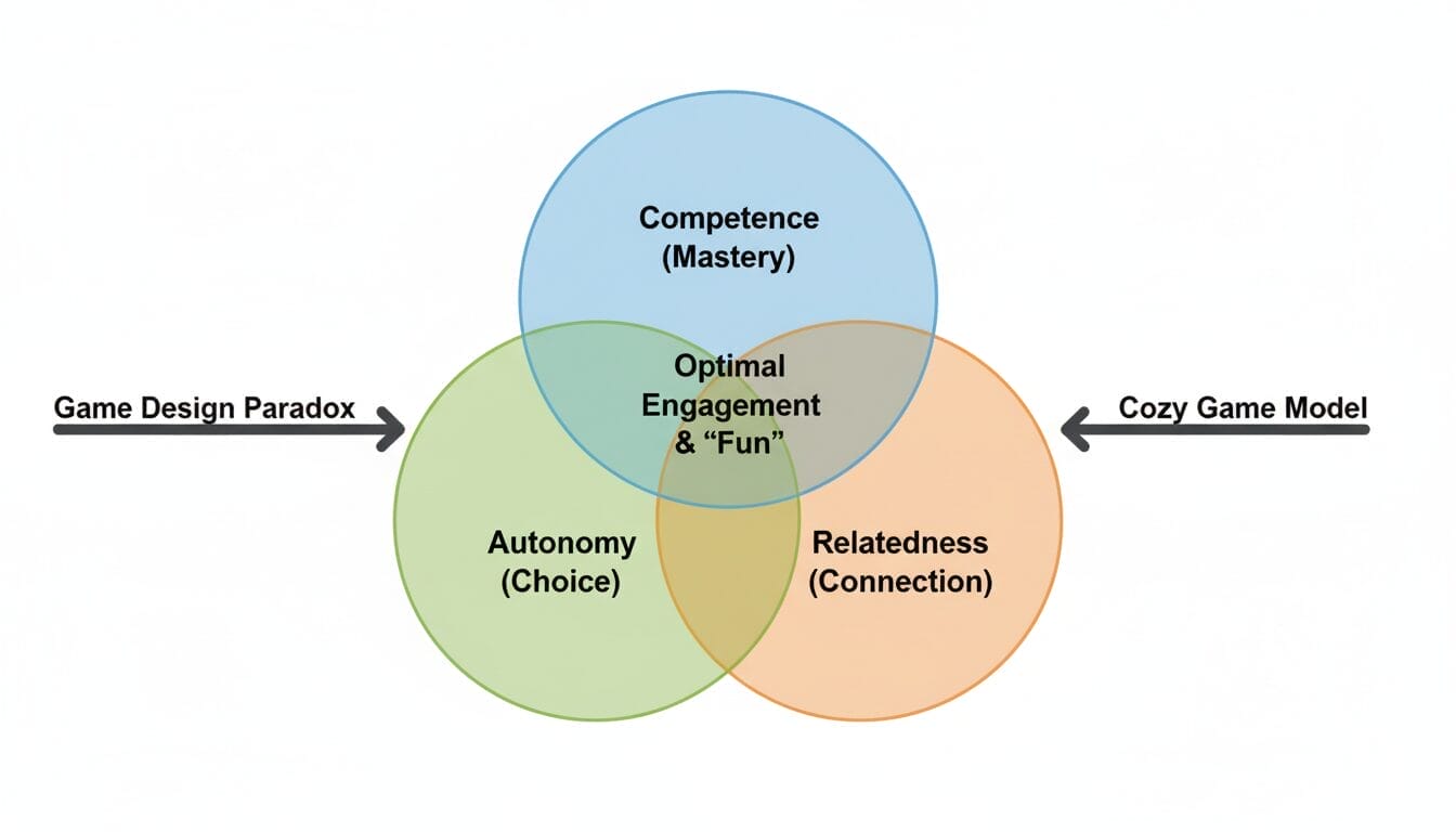 A Venn diagram showing the three psychological needs (Competence, Autonomy, Relatedness) that drive "fun" in games.