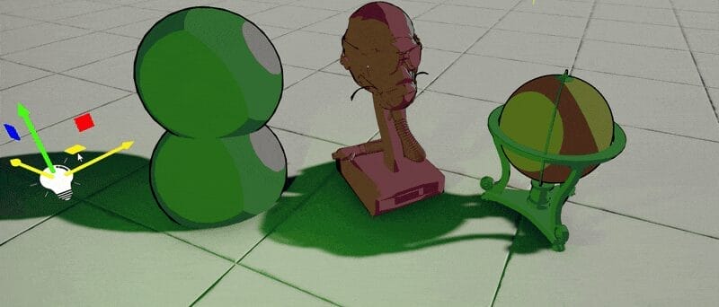 flax game engine 1.11 Three 3D objects—a green double sphere, a brown pharaoh bust, and a green and brown globe—stand on a tiled floor with directional light and shadows, rendered impressively in Flax 1.11 for game engine projects.