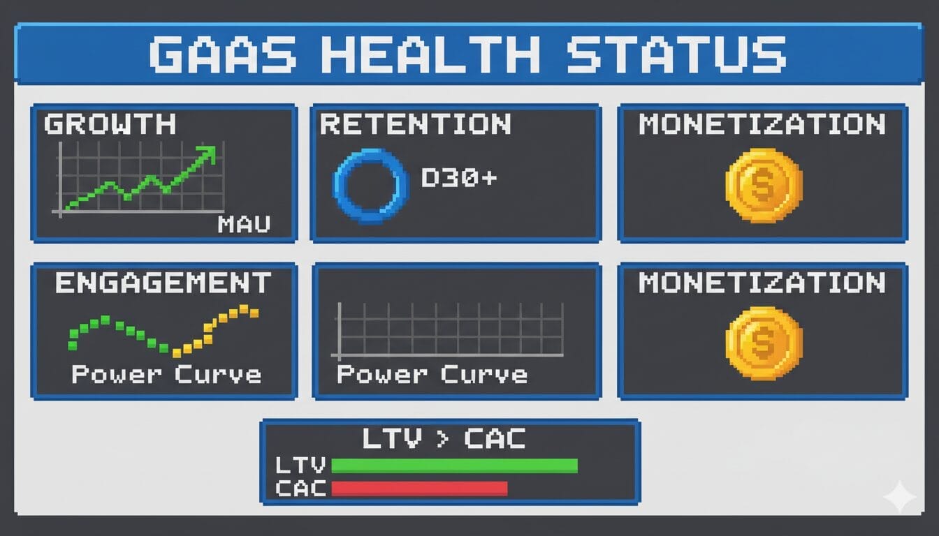 5 GaaS metrics pillars Dashboard showing Games as a Service (GaaS) health status with sections for growth (MAU graph), retention (D30+), engagement (power curve), monetization (coins), and LTV greater than CAC, highlighting key GaaS metrics.