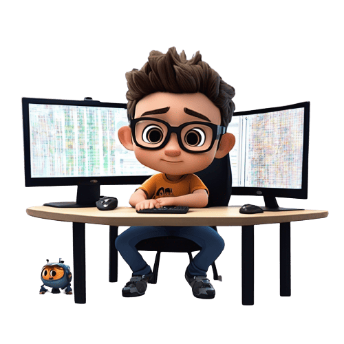 A cartoon character sitting at a desk with two monitors.