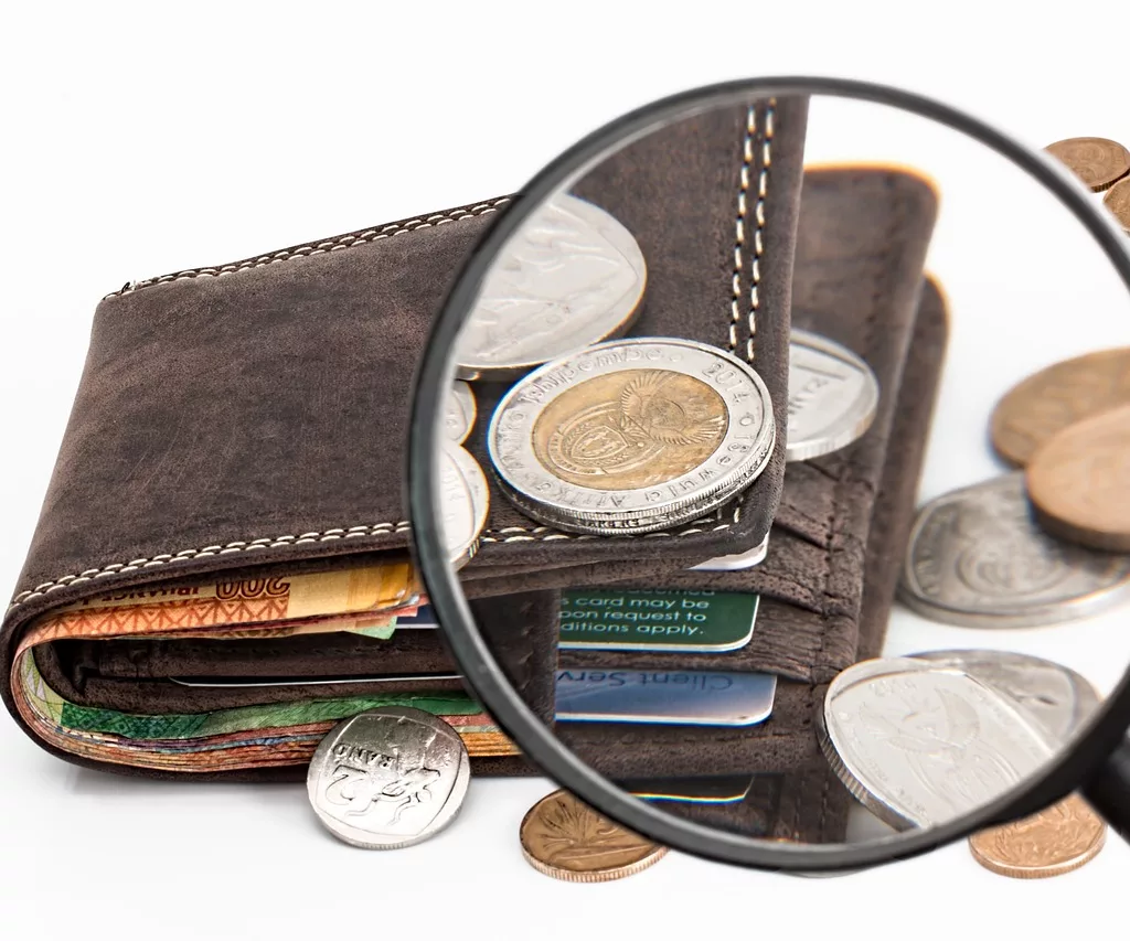 A Smart Finance wallet with coins and a magnifying glass.